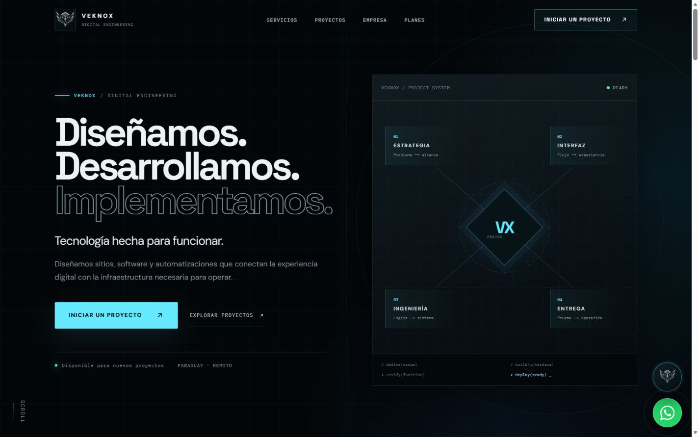 Página principal de Veknox Platform con el sistema visual VX Engine