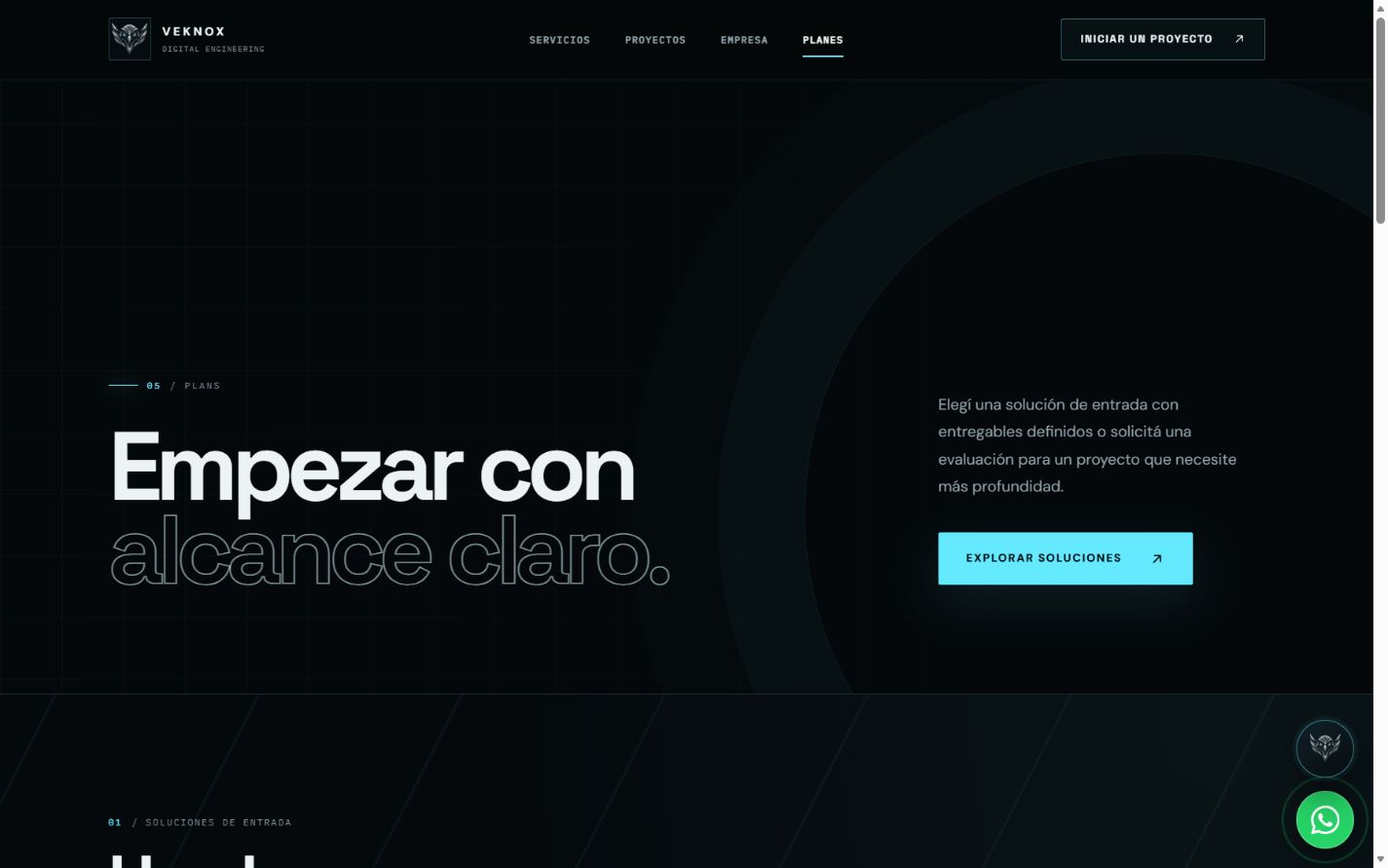 Página de planes de Veknox Platform con soluciones de entrada y proyectos a medida